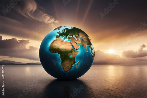 earth globe at beach with sunrays