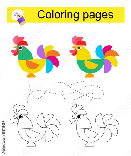 Educational game for children. Go through the maze and color a rooster according to the pattern.