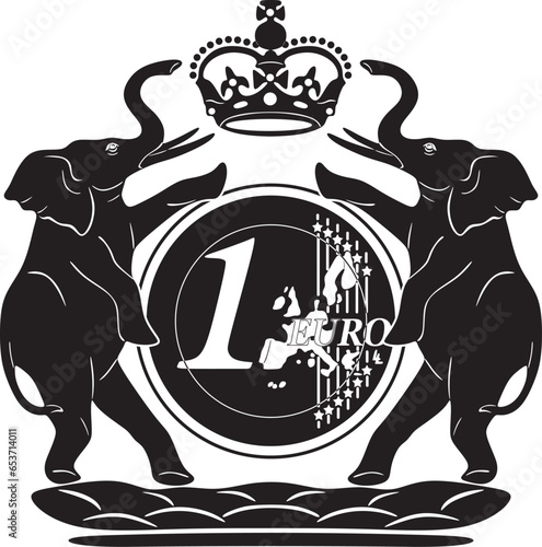 One euro coin with two elephants and a crown, vector design, handmade silhouette in black color.