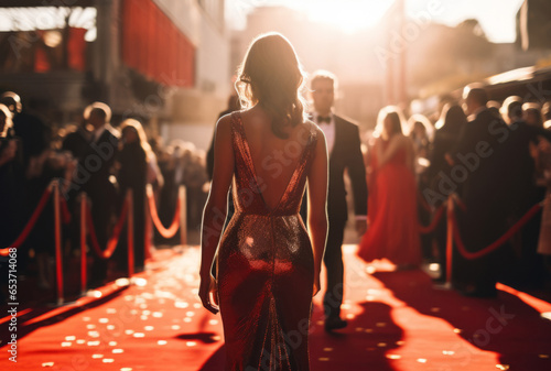 Woman in golden dress on celebrity red carpet. Festive award ceremony event