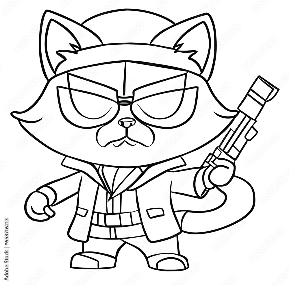 Cat Gangster Coloring Page Vector
