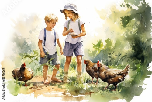 Boy and girl feeding chickens in the woods. Watercolor illustration. photo