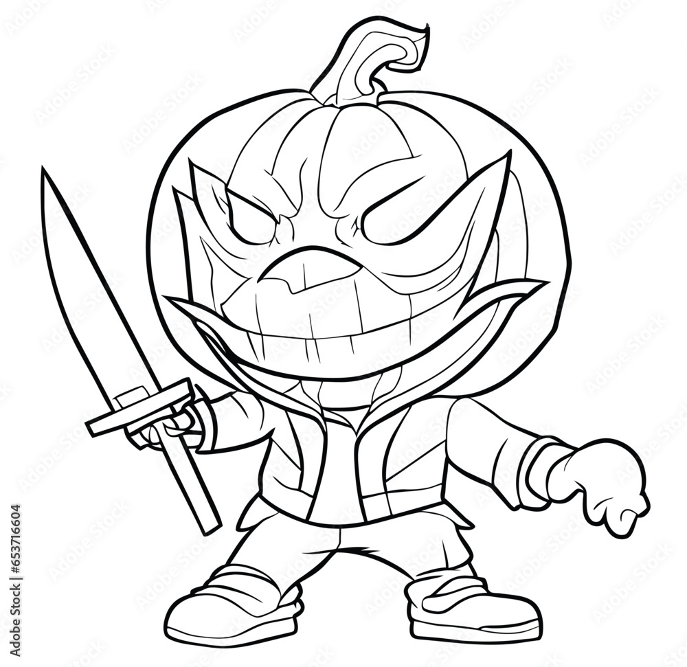 Pumpkin With Knife Coloring Page Vector