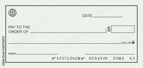  Bank check, vector blank money cheque, checkbook template with guilloche pattern and fields.