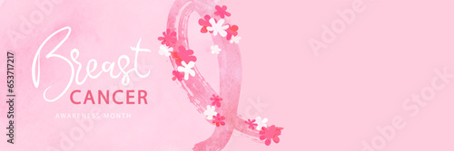 Breast cancer awareness month. Watercolor pink ribbon and flowers. Beautiful poster with hand drawn ribbon and space for text.Vector illustration