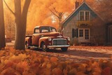 Autumn scene featuring a vintage pickup truck. Generative AI