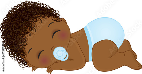 Vector Cute African American Baby Boy in Blue Diaper