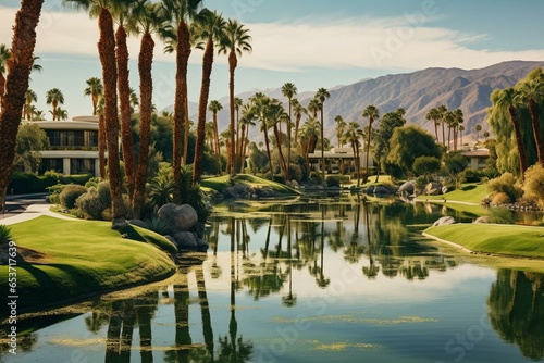 Palm Springs adorned with palm trees, ponds, and green belts in South California. Generative AI photo
