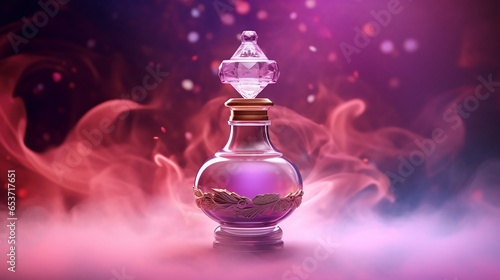 luxury glass or crystal perfume bottle with smoke waves background in pink purple theme, mixed digital 3d illustration and matte painting, generative ai