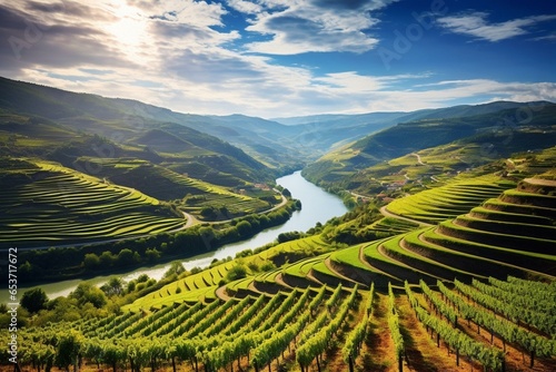 Vineyards in Douro Valley  Portugal  offering sought-after port wine during sunny summers. Generative AI
