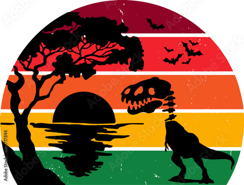 T-Rex Dinosaur sunset forest,Dino Retro Sunset,Adventure Retro Vintage Sunset,Camping Evergreen Tree Sunrise Forest Graphics