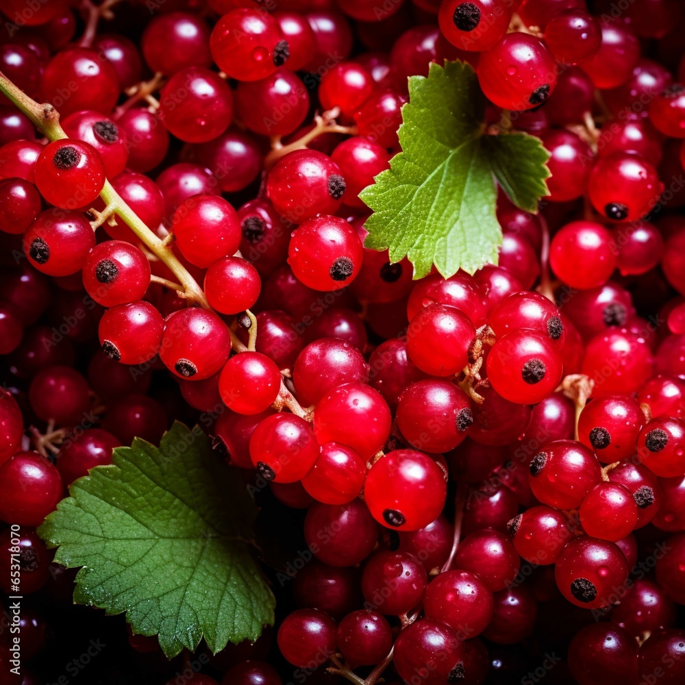 Red currant berries with green leaves as background Red currant berries with green leaves as background