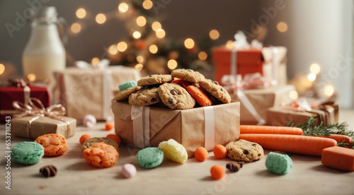 Homemade cookies in a craft paper box, carrots, candies, festive atmosphere.