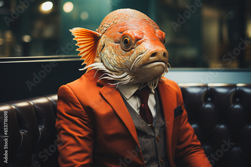 Generative AI illustration anthropomorphic portrait of insolent fish in classy suit with tie underwear sitting on comfortable seat against photo