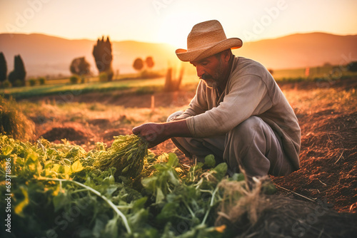 Generative AI image of ethnic male farmer looking down while sitting on haunches in farmland with pile of green plants against blurred trees blue sky