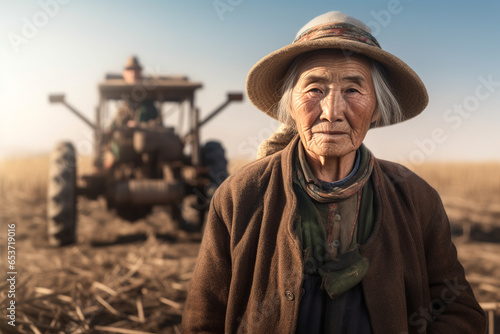 Generative AI illustration of senior Indian woman farmer in hat and warm jacket looking at camera in field with tractor on dry grass