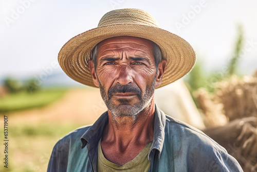 Generative AI image of confident adult male farmer looking at camera while standing on farm against blurred nature and cloudless sky photo