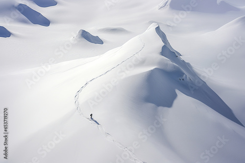 Generative AI illustration from above of side view anonymous alpinist tourist walking in the middle of snowy mountains photo