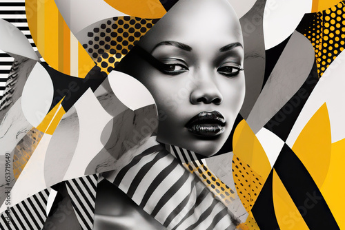 Generative AI illustration of sensual African American woman with makeup looking at camera against multicolored background photo