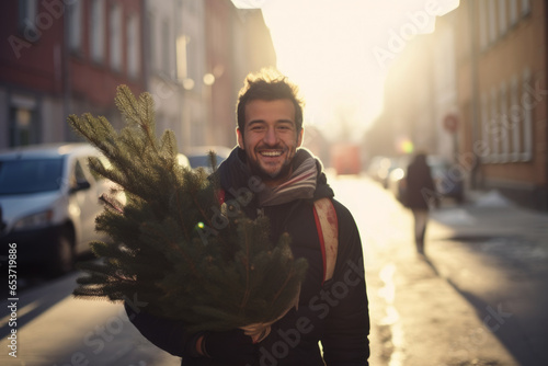 AI generated image portrait of smiling man carrying Christmas tree on a snowy street in blurred background looking at camera photo