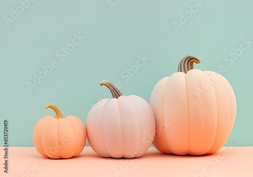 Three pumpkins of different sizes on the table in bed tones, soft light. Holiday, Halloween concept. Generative AI.