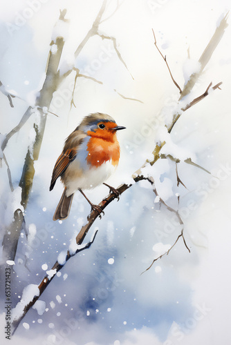 Watercolour of a robin redbreast (Erithacus rubecula) bird in the winter snow, a British European garden songbird often found on Christmas greeting cards, computer Generative AI stock illustration © Tony Baggett