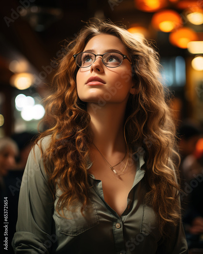 Portrait of a young, beautiful, intelligent and attractive girl MBA student. She is wearing a glasses and looks confidently. 