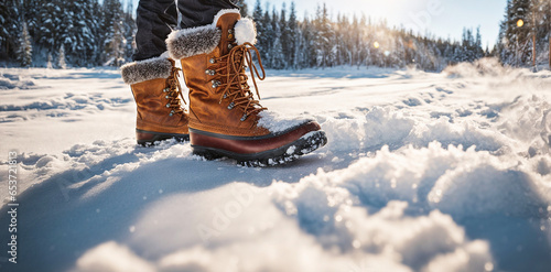 Photo of winter boots standing on a snowy road