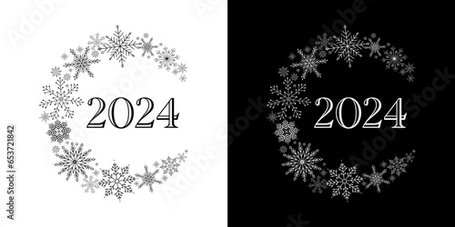 Christmas Wreath 2024. Chaplet with Snowflakes. Merry Christmas and happy new year postcard. Xmas Greeting Card. Holiday party invitation. Vector illustration