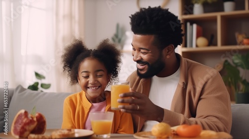 Beautiful black family father and daughter having snack at home  eating healthy fresh sanwiches and drinking orange juice  having pleasure conversation  sitting on couch in living room