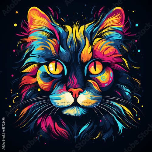 Cat head with colorful splashes on black background. Vector illustration.