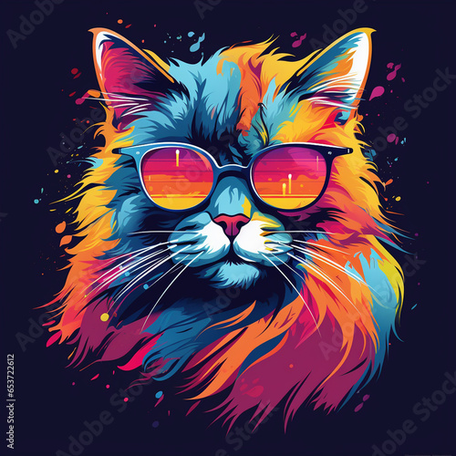 Cute cat with sunglasses and colorful Portrait. Vector illustration. © Graphicsstudio 5