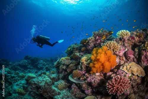 Diver exploring vibrant coral reef in Dahab's sea. Generative AI © Daniel