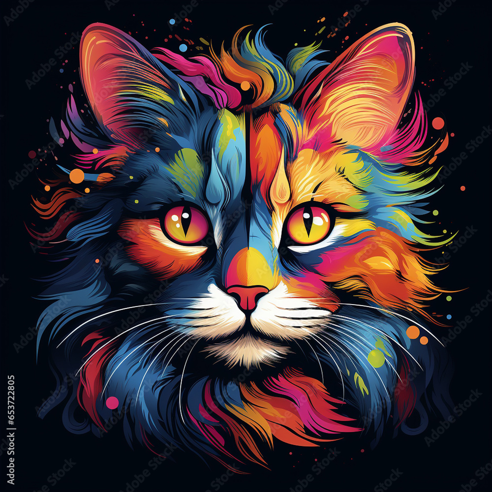 Cat head with colorful splashes on black background. Vector illustration.