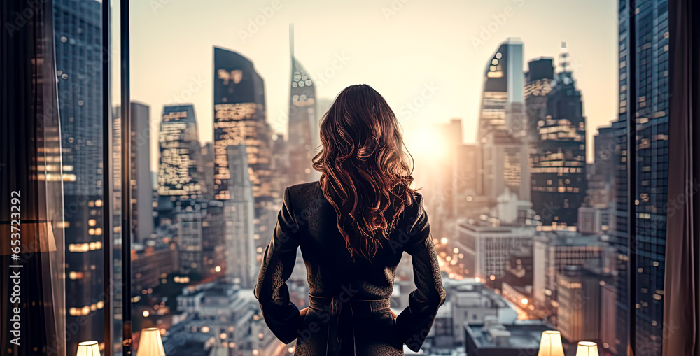 Successful businesswoman looking out of big window at city view. Business woman standing alone looking at modern downtown high-rises. Job and occupation concept - obrazy, fototapety, plakaty 