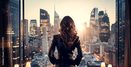 Successful businesswoman looking out of big window at city view. Business woman standing alone looking at modern downtown high-rises. Job and occupation concept photo