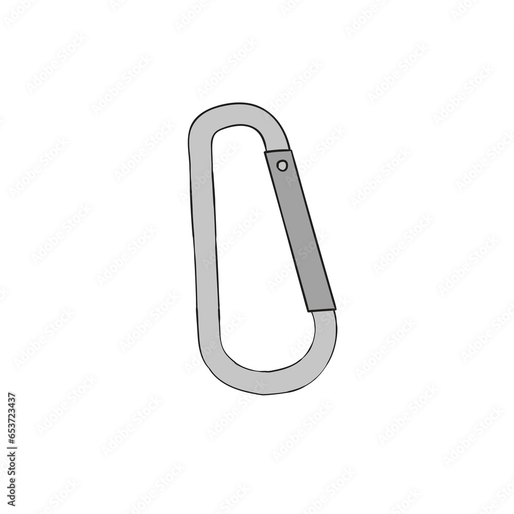 A hand-drawn cartoon metal rock climbing carabiner on a white background. A hand-drawn cartoon metal rock climbing carabiner on a white background.