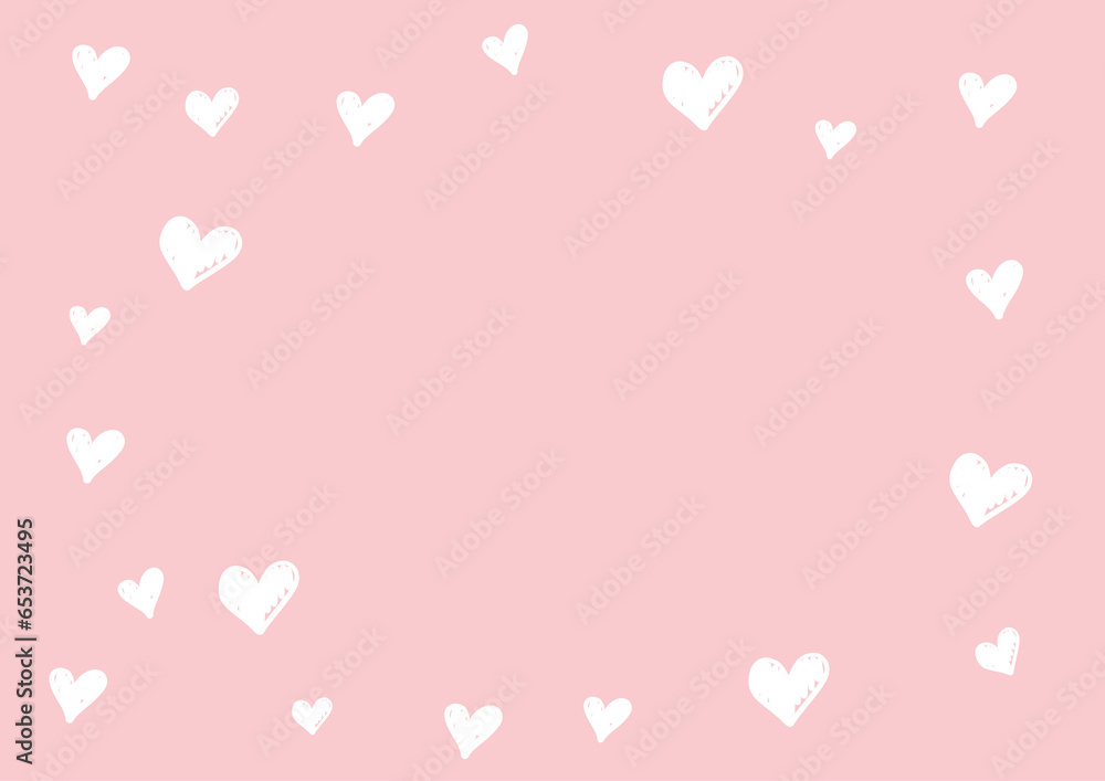 Heart frame for Valentines day.  Romantic pink heart background. Illustration for holiday design. Many flying hearts on white background. Wedding card, valentine's day greetings, lovely frame