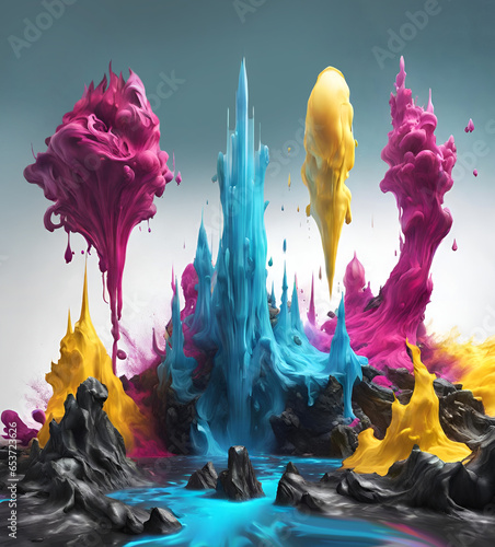 Printing colors paint explosion landscape, imaginaton concept, AI generated photo