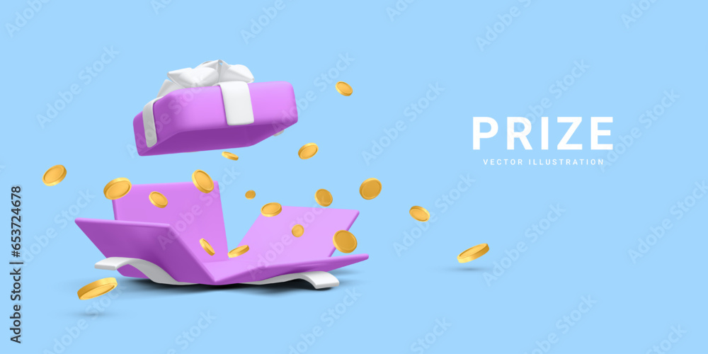 3d realistic open gift box and falling gold coins.  Concept for cryptocurrency bonus. You win prize. Vector illustration - obrazy, fototapety, plakaty 