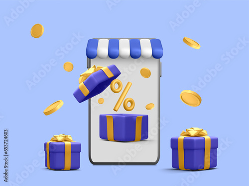 3d realistic shop in smartphone with open gift box and falling coins. Online shopping banner in cartoon style. Design for discount voucher or coupon percentage sale. Vector illustration