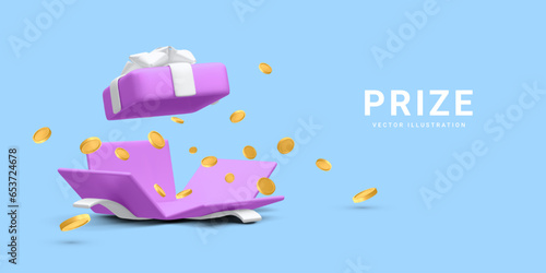 3d realistic open gift box and falling gold coins.  Concept for cryptocurrency bonus. You win prize. Vector illustration