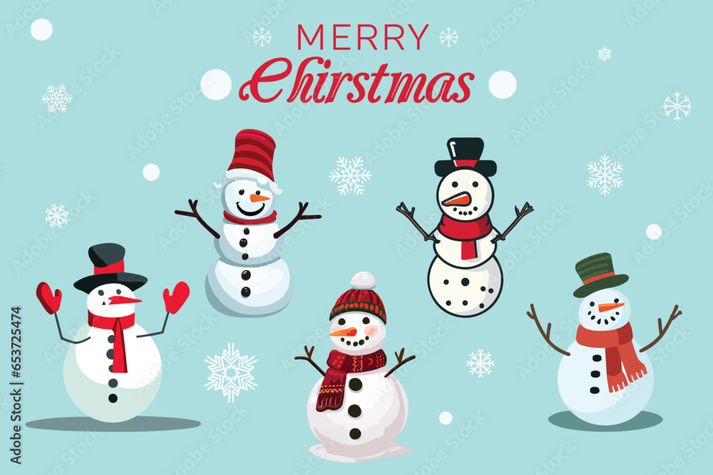 Merry Christmas Snowman Vector Collection, Greetings card, flyer, Christmas cover, banner 