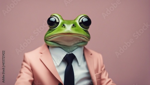 Cool looking frog wearing funky fashion dress jacket, tie, glasses on pastel background