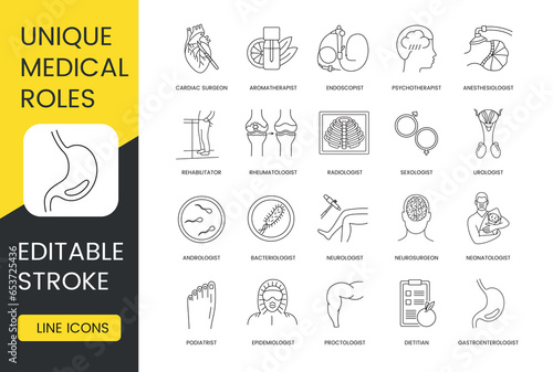 Medical professions icon set in vector, unique medical roles, editable stroke neonatologist and neurosurgeon, neurologist and urologist, anesthesiologist and sexologist, proctologist and endoscopist.