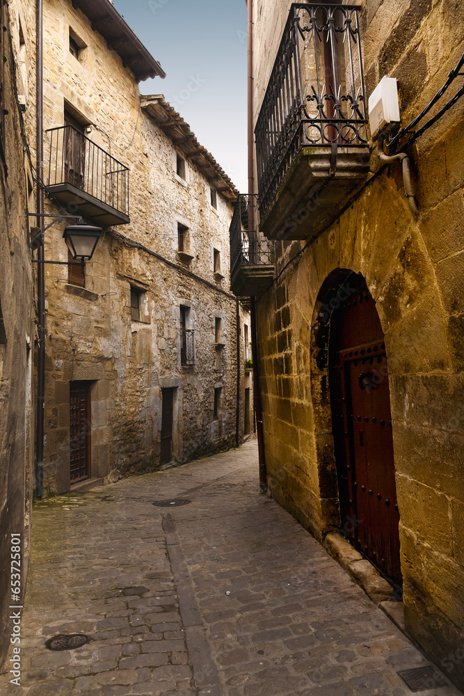 Historical medieval street with balconies in Sos del Rey Catolico. Zaragoza. Aragon. Spain. Europe.
