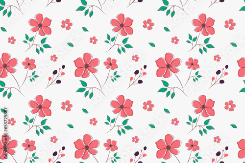 Floral pattern with red flowers with green leaves on a white background. Vintage floral plant, stock vector background.