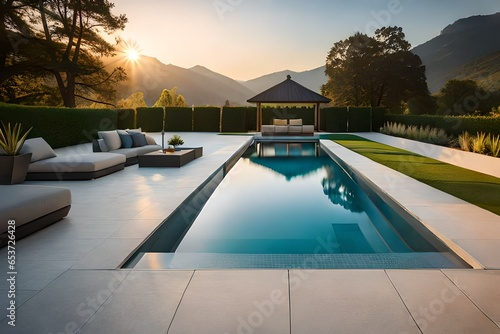 swimming pool in the backyard with luxury benches and sofas in the morning