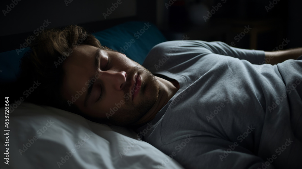 Depressed sleeping man in bed at home. Concept for mental health awareness Depressed sleeping man in bed at home. Concept for mental health awareness