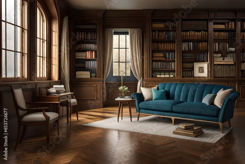 modern living room with wooden shelves having books and blue sofa for reading